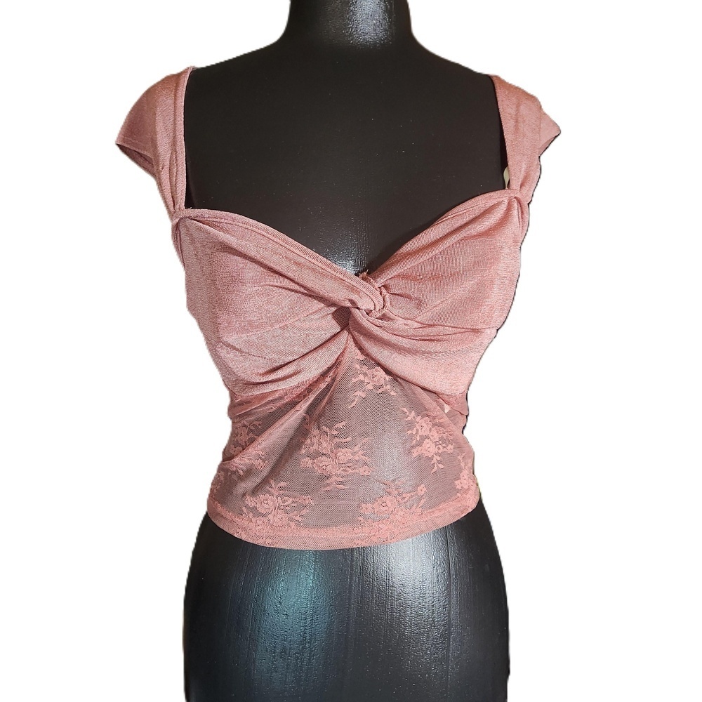 Cider Womens Pink Sheer Knot Front Crop Top XL